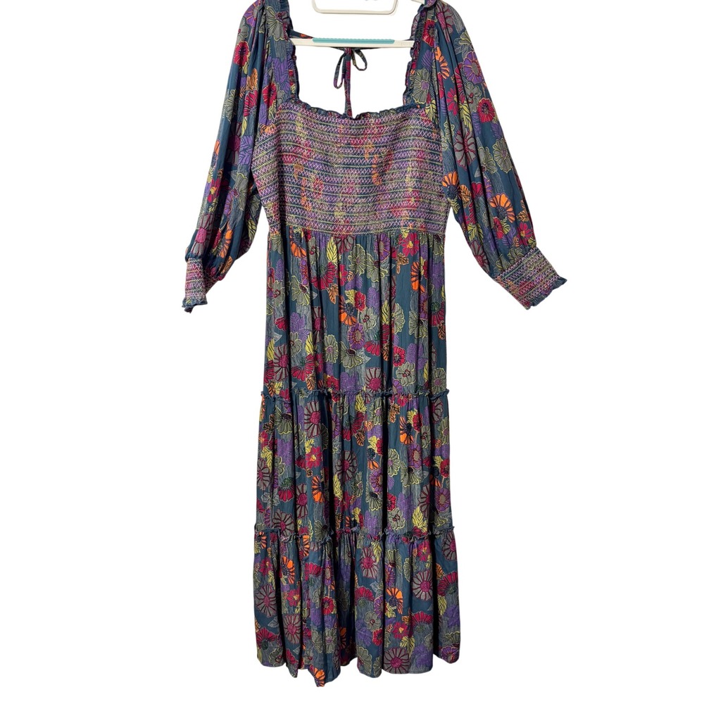 Gypsy Love Floral Smocked Maxi Dress Plus Size 1X Blue Multi Long Sleeve Boho